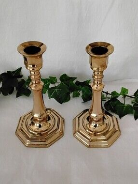Vtg Polished Heavy Brass Candlestick Holders - Set of 2